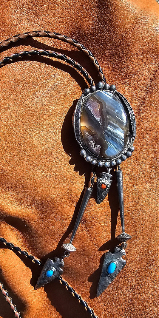 Vintage Agate Bolo Tie James Shay Navajo Sterling Silver Turquoise Red Coral