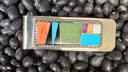 Native American Money Clip Signed Arnold Yazzie Navajo Sterling Silver Multi Stone