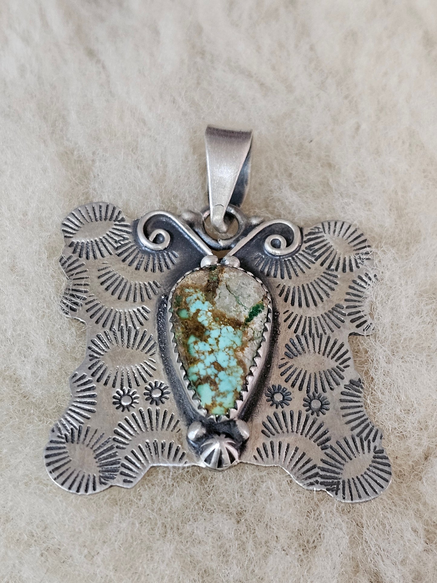 Natural Royston Turquoise Set In A Sterling Silver Butterfly Pendant Southwestern