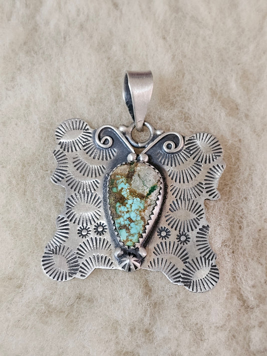 Natural Royston Turquoise Set In A Sterling Silver Butterfly Pendant Southwestern