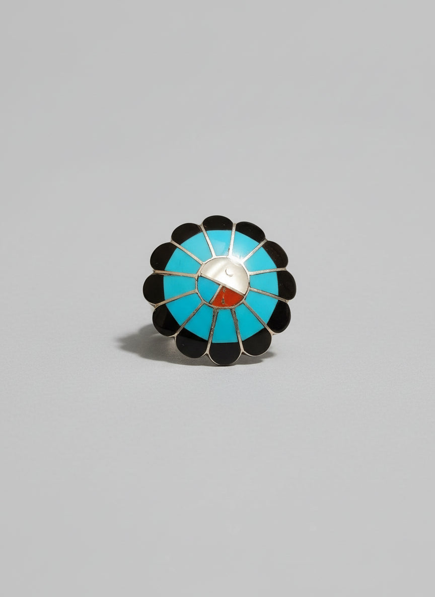 Denise Shiraz Zuni Sunface Ring Turquoise Coral Onyx Mother of Pearl Sterling Sz 6