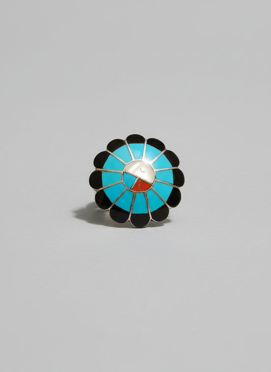 Denise Shiraz Zuni Sunface Ring Turquoise Coral Onyx Mother of Pearl Sterling Sz 6