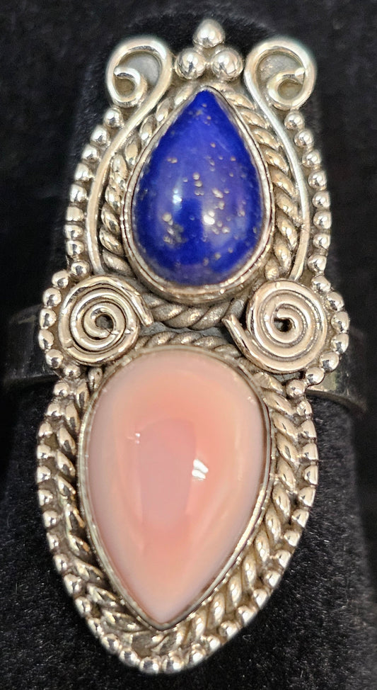 Pink Conch & Lapis Sterling Silver Ring Size 5.75